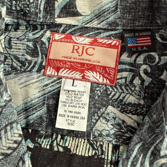 RJC Shirt Mens Large Blue Hawaiian Camp Short Sleeve Floral Aloha Tribal - Picture 5 of 9